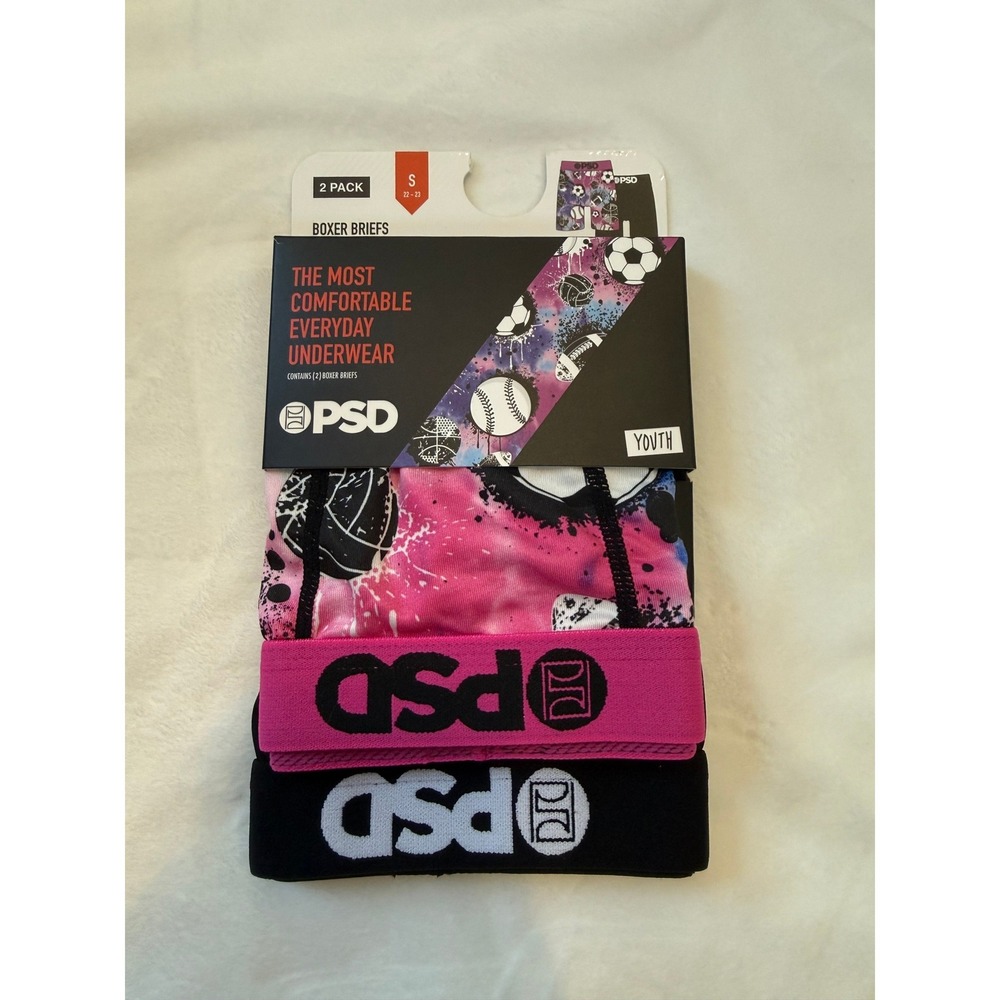 PSD Youth Boxer Briefs 2 Pack Sports Graphic Black Pink Small S 22-23 Waist NEW
